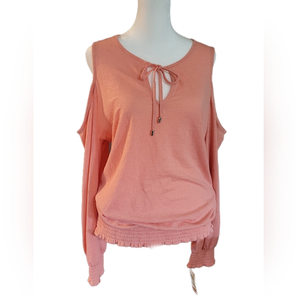 NWT INC cold shoulder, long sleeve, lightweight coral color blouse. Sz Lg - Picture 7 of 16